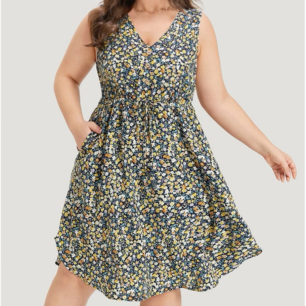 BloomChic Floral V Neck Elastic Waist Sleeveless Pocket Dress Plus Size 2X